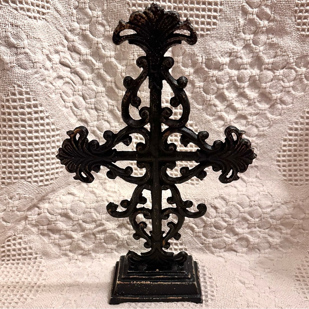 Vtg Solid Cast Iron Ornate Victorian Cross on Base  French Country Rustic 13x8